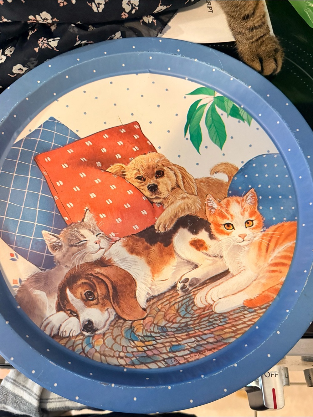 Vintage 1980s Cats & Dogs Metal Serving Tray 13” Blue Cottagecore Decore Pet